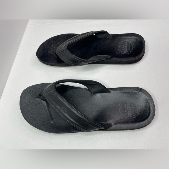 Rockin Black Leather Comfort Casual Flip Flops Size 12 - Picture 2 of 8